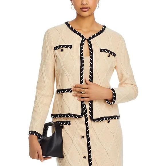 NEW Misook Contrast Trim Knit Jacket Textural Cable Knit Biscotti Black Size XL - Picture 3 of 10